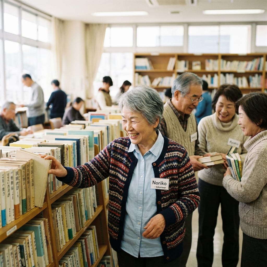 図書館で仲間と交流する女性