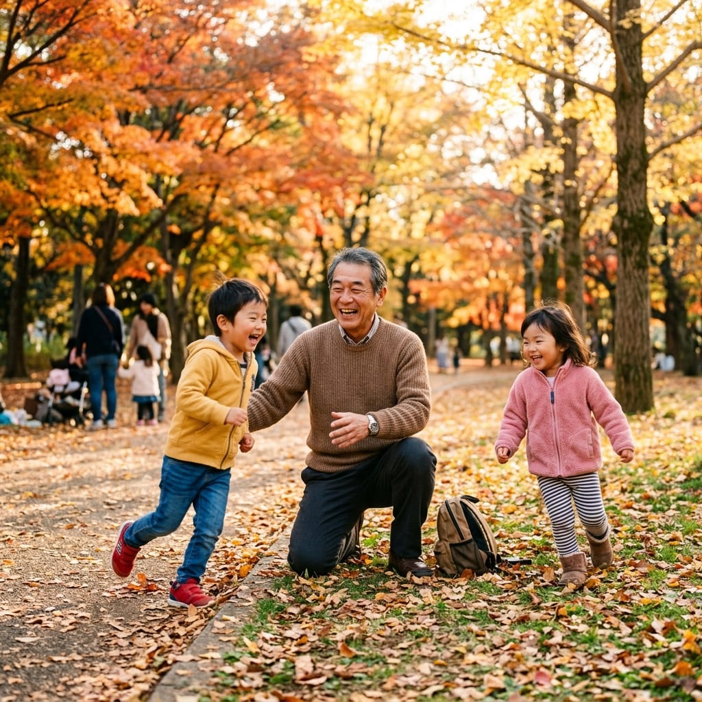 紅葉の公園で孫と遊ぶ祖父