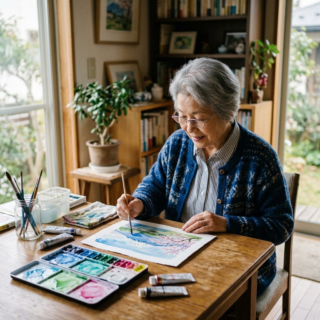 自宅で水彩画を描く女性