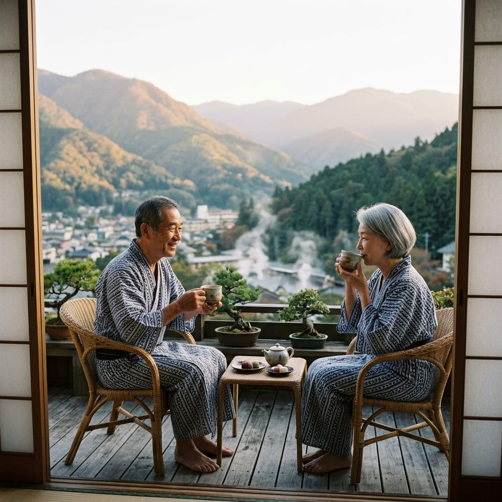 温泉宿の浴衣でお茶を楽しむご夫婦